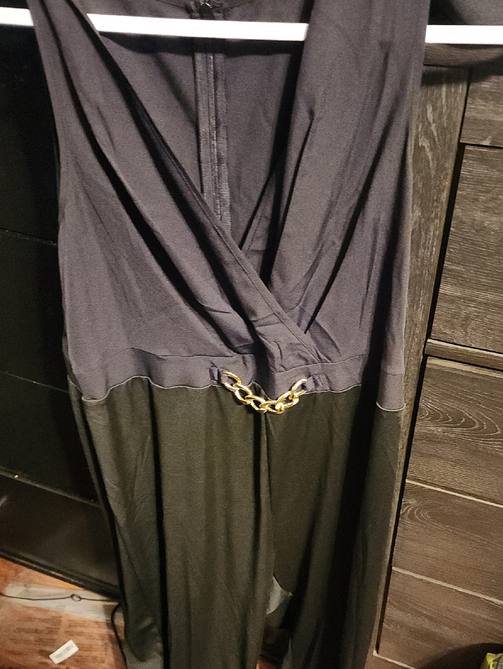 Two-Tone Black Jumpsuit with Gold Chain Detail